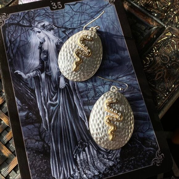 Two-Tone Brushed Silver And Gold Crystal Snake Earrings - Picture 2 of 7